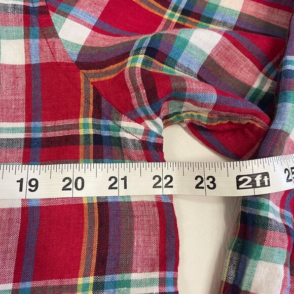 Lauren Ralph Lauren Shirt Women Sz Large 100% Linen Red Plaid Button Up Roll Tab - Picture 12 of 16